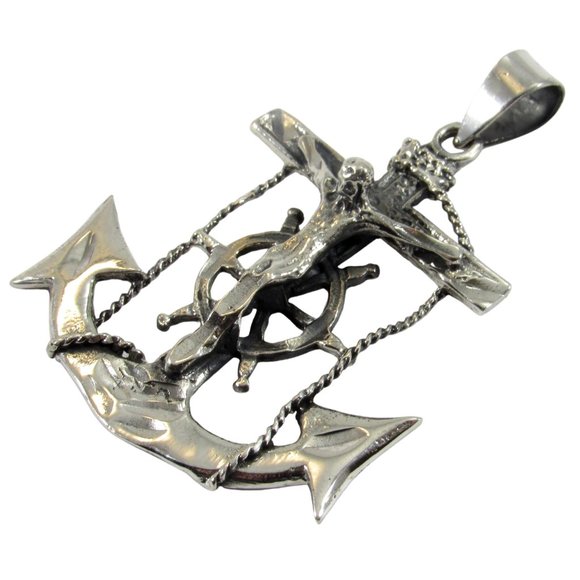 Solid 925 Sterling Silver Anchor With Helm & Crucifix Pendant - Nautical Jewelry - Picture 7 of 8